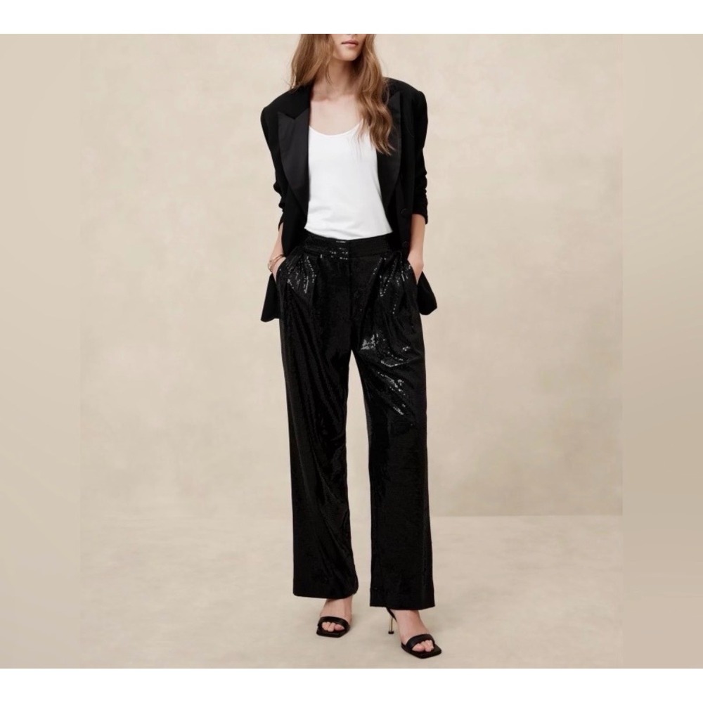 Banana Republic Sequin Pleated Wide Leg Pants Womens 8 Black Sparkle Holiday